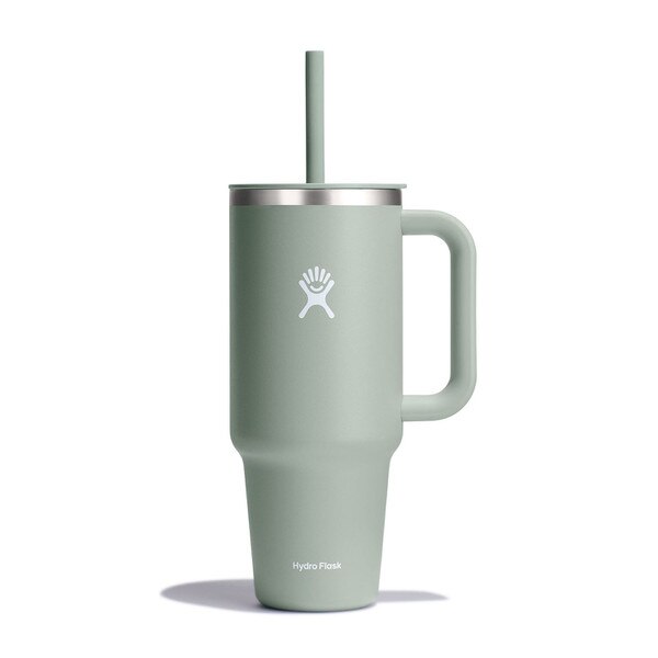 A light green, forty ounce tumbler with a handle and the white Hydro Flask logo on the front.